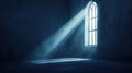 Light Beam Through Arched Window in Dark Room, Moody Atmosphere, Hopeful, Mystical Glow Royalty Free Stock Photo