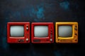 In a dark room with a black background, three vintage antique TVs display white screens Royalty Free Stock Photo
