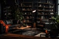 A dark room with black furniture and dim light.