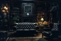 A dark room with black furniture and dim light.