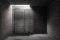 a dark room with concrete walls and a small light opening in the ceiling