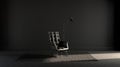 Dark room with empty wall,single armchair and floor lamp on a carpet. Black background. 3D rendering Royalty Free Stock Photo