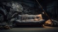 Luxurious Dark Blue Sofa In Mysterious Urban Jungle