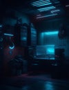 dark room with film studio, computers, with spotlights, cyberpunk style illustration Royalty Free Stock Photo