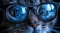 In a dark room, a funny cat hacker works at a computer, with cyber data mirrored in its glasses. This scene represents
