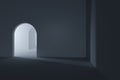 Dark room with a glowing and bright door, 3d rendering