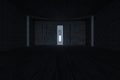 Dark room with a glowing and bright door, 3d rendering