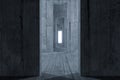 Dark room with a glowing and bright door, 3d rendering