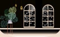 Dark room interior design with two windows facing the night city, pair of lighted ceiling lamps and a decorative flower