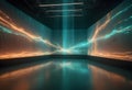 A dark room with large screens displaying abstract, orange and blue visuals. The visuals resemble data streams or energy Royalty Free Stock Photo