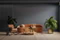 Dark room with leather sofa and leather armchair on empty dark blue wall background Royalty Free Stock Photo