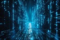 A dark room with a matrix code glowing blue on a black background. the wall is made of digital numbers and data flowing down Royalty Free Stock Photo
