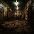 a dark room with metal bars and dirty walls Royalty Free Stock Photo