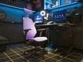 Dark room with monitors.Programmer workplace.Gamer interior design. Security service office