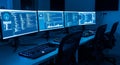 Dark Room with Multiple Computer Monitors Displaying Code and Data in Blue Light technology screens Royalty Free Stock Photo