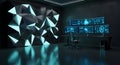 Dark room with multiple computer screens displaying data graphics and abstract glowing geometric wall art for a modern server room Royalty Free Stock Photo