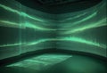 A dark room with multiple screens displaying a vibrant, green, digital, data visualization. The screens are curved