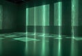 A dark room with multiple screens displaying a vibrant, green, digital, data visualization. The screens are curved