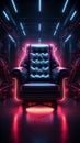 Dark room mystique A solitary chair illuminated by neon lights