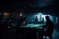 A dark room with the silhouettes of people gambling created with generative AI technology