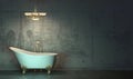Dark room in the twilight with classic style bath and chandelier with gold-plated elements standing on the floor in front of the
