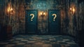 Dark room with two closed doors and large question marks Royalty Free Stock Photo