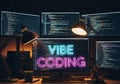 Dark Room Vibe Coding Neon Sign Multiple Monitors Computer Setup Royalty Free Stock Photo