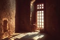 Dark room with window and shadow abstract horror background. Ancient building with falling sun or moon light from glass Royalty Free Stock Photo