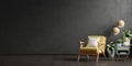 Dark room with yellow armchair on black wall background Royalty Free Stock Photo