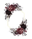 Dark Roses Floral Border, Vintage Victorian Gothic Style. Burgundy, Red, Maroon And Black Rose Wreath With Golden Geometric Frame
