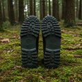 Dark rubber boot soles with rugged tread patterns rest upright on a forest floor covere Royalty Free Stock Photo