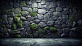 Dark, Rustic Stone Wall with Mossy Accents and a Smooth Floor. Generative AI Royalty Free Stock Photo