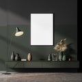 Dark scandinavian living room interior with a green sideboard