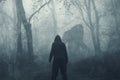 A dark scary concept. Of a man watching a mysterious bigfoot figure, walking through a forest. Silhouetted against trees. On a