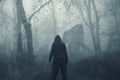 A dark scary concept. Of a mysterious bigfoot figure, walking through a forest. Silhouetted against trees in a forest. With a Royalty Free Stock Photo