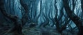 Dark scary creepy woods in mist, spooky fairy tale forest at night, landscape with dry trees and mystic light. Concept of fantasy Royalty Free Stock Photo