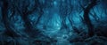 Dark scary creepy woods, path in spooky fairy tale forest at night. Landscape with dry trees and blue mystic light. Concept of Royalty Free Stock Photo