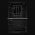 Dark scary door with bars. Black gate locked with powerful bolt