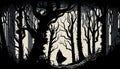 a dark and scary forest with trees and silhouette of a scary character in the night Royalty Free Stock Photo