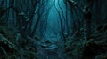 Dark scary gloomy woods, path in spooky forest at night. Landscape with dry black trees and mystic light. Concept of fantasy, Royalty Free Stock Photo