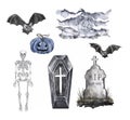 Watercolor Halloween Illustrations. Skeleton, Bat, Cogffin, Tombestone. Scary Creepy Hand Painted Elements, Isolated
