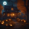 Dark and scary haunted house with pumpkins on halloween