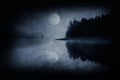 Dark scary landscape with a lake a forest and full moon Royalty Free Stock Photo