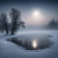 Dark scary landscape with a lake a forest and full moon. Royalty Free Stock Photo