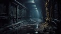 Dark scary underground tunnel, old abandoned industrial corridor or sewer. Perspective view of spooky dirty passage, vintage