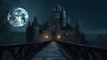 Dark scene with Gothic castle, gloomy palace in full moon. Generative AI