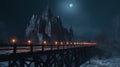 Dark scene with Gothic castle, gloomy palace in full moon. Generative AI Royalty Free Stock Photo