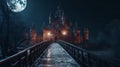 Dark scene with Gothic castle, gloomy palace in full moon. Generative AI