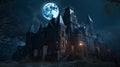 Dark scene with Gothic castle, gloomy palace in full moon. Generative AI Royalty Free Stock Photo
