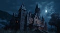 Dark scene with Gothic castle, gloomy palace in full moon. Generative AI Royalty Free Stock Photo